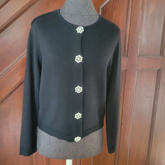 Talbots Petites Black Cardigan 100% Merino Wool W/Rhinestone Buttons Womens M - Picture 1 of 7
